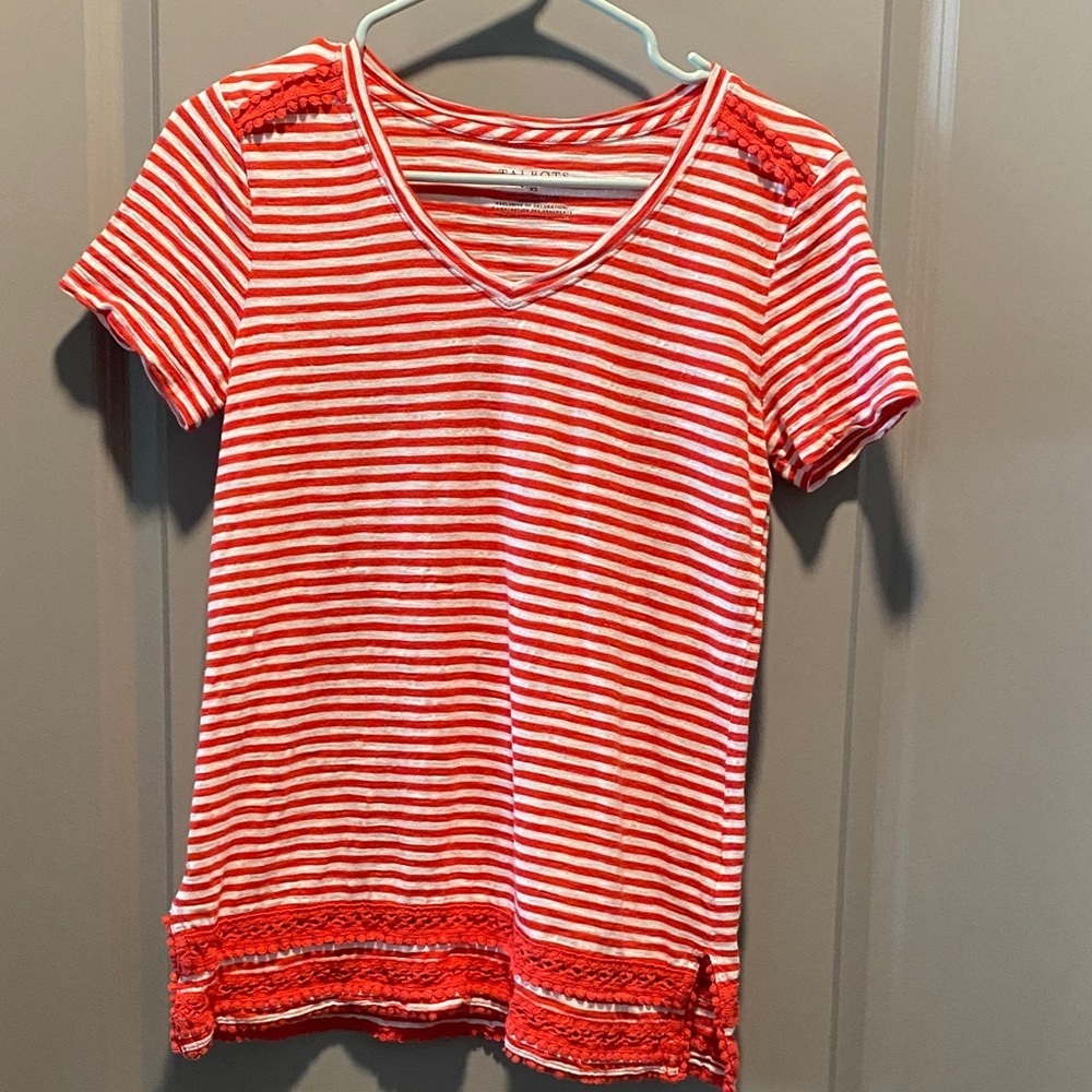 Talbots Red White Stripe Tee Lace Trim Cotton Modal Preppy Coastal Top XS